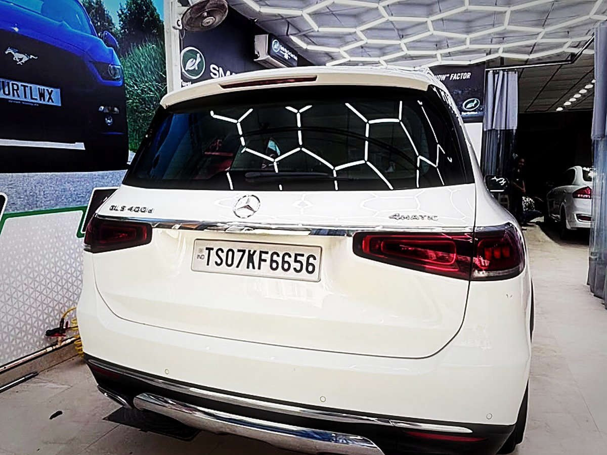 A white Mercedes-Benz GLS after detailing at Turtle Wax Studio Tellapur