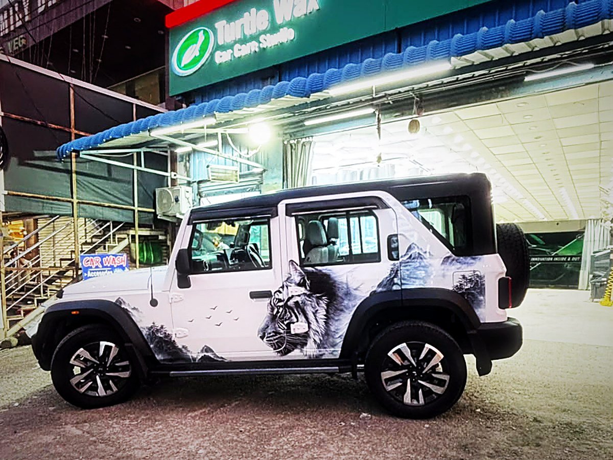 A wrapped Mahindra Thar outside the Turtle Wax Car Care Studio in Tellapur